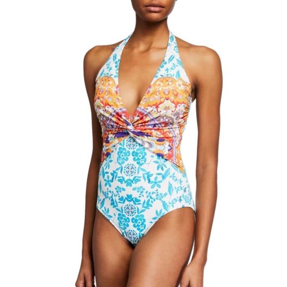 Johnny Was Floral Ellyo Twist Front One-Piece Swimsuit Teal Orange XS - Picture 12 of 13